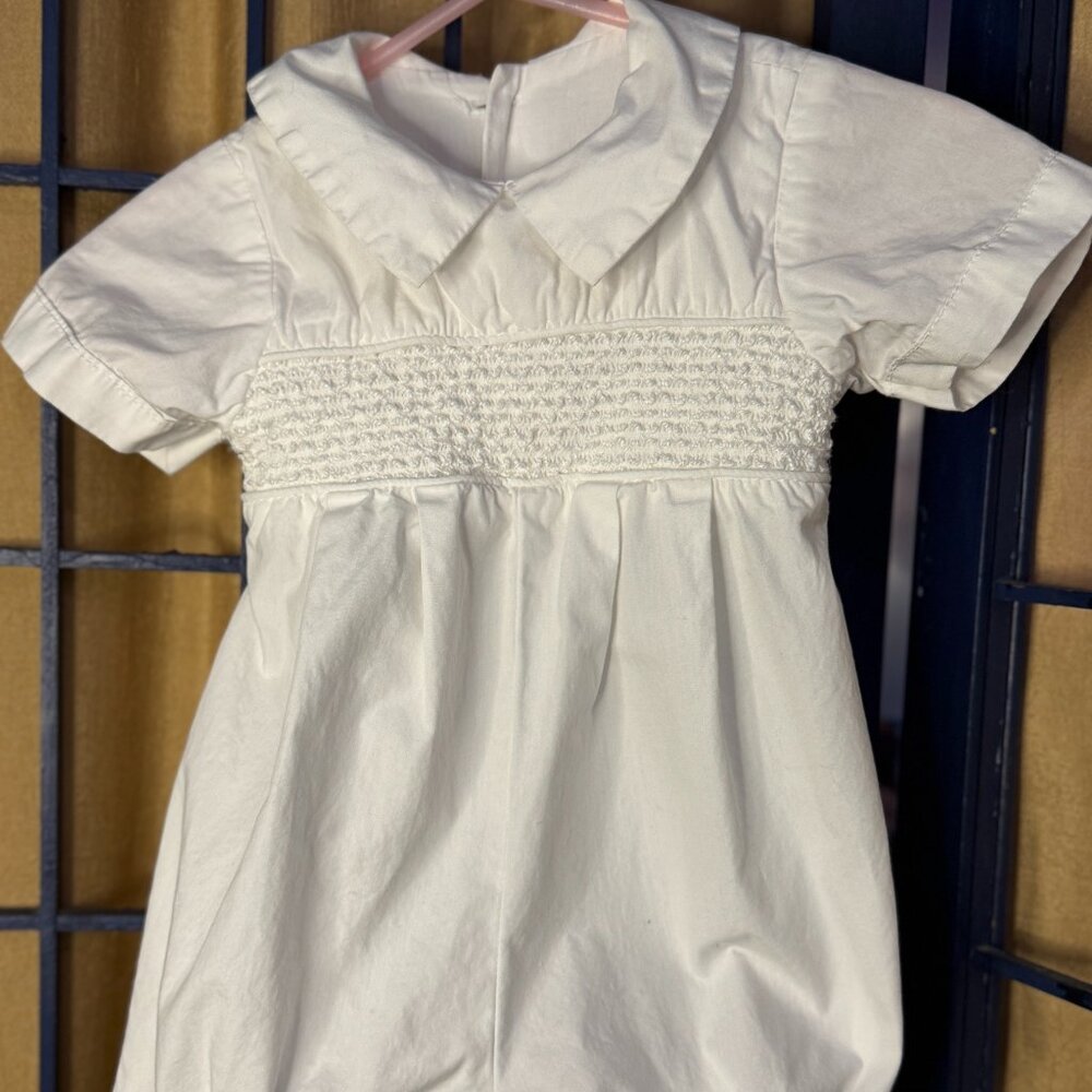 Sweet Pea & Lilli Vintage Baby White Smocked Romper Dress USA Made 6–12M
